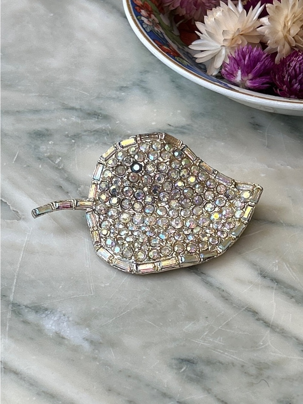 H Pomerantz Aurora Borealis Crystal Leaf Brooch